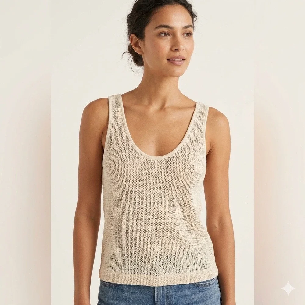 Enza Costa Cotton Boucle‎ Tank Top Sleeveless Knit Scoop Neck Cream Medium